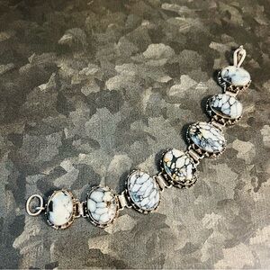 Vintage Sterling Silver 925 Buffalo Turquoise Polished Stone Panel Link Bracelet